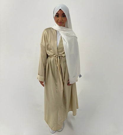 Almond Elegance Satin Belted Abaya